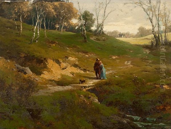Bachlandschaft Mit Paar Und Hund Oil Painting by Eugen Hettich