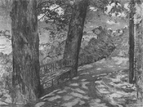 Parkbank Unter Baumnen, Ausblick Auf Hauser Am Hang In Eine Ebene Oil Painting by Otto Hettner