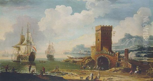 A Mediterranean Harbour With A Dutch Squadron Off The Coast And Fisherfolk On The Shore By A Tower Oil Painting by Jacob De Heusch