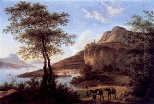 Sudliche Landschaft Mit Maultiertreibern An Einem Fluss Oil Painting by Willem de Heusch
