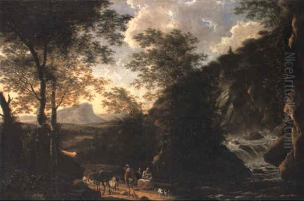 Italianate Landscape With Peasants On A Path By A Waterfall Oil Painting by Willem de Heusch