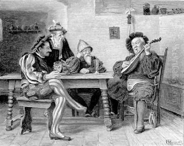 Tavern Interior With Man Playing Mandolin Oil Painting by Carl Heuser