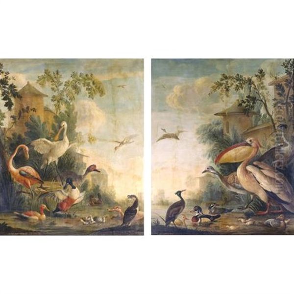 A Flamingo, A Spoonbill, A Shoveler, A Cormorant And Other Birds By A Lake ( + A Pelican, Wood Ducks And Other Birds By A Lake; Pair) Oil Painting by Gerrit van den Heuvel
