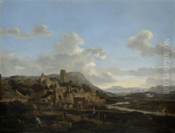 A Hilltop Town Beside A River, Figures On Horseback In The Foreground Oil Painting by Jan Van Der Heyden