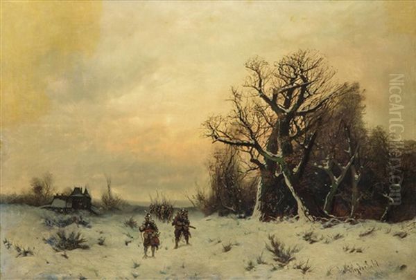 Marschierende Soldaten Mit Zwei Kundschaftern In Winterlandschaft Oil Painting by Friedrich Josef Nicolai Heydendahl