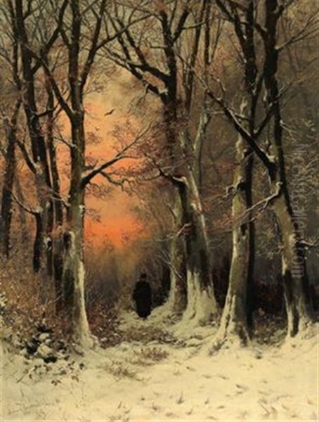 Abendlicher Winterwald Mit Einer Reisigsammlerin Oil Painting by Friedrich Josef Nicolai Heydendahl