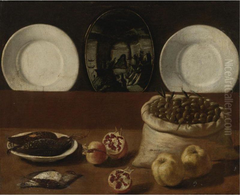 Still Life With Plates, A Sack Filled With Olives, Game, Pomegranates, And Quince Oil Painting by Paolo Antonio Barbieri