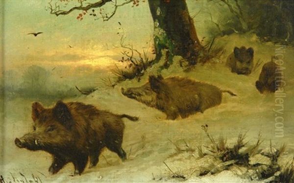 Wildschweinrotte Im Verschneiten Winterwalde Oil Painting by Friedrich Josef Nicolai Heydendahl