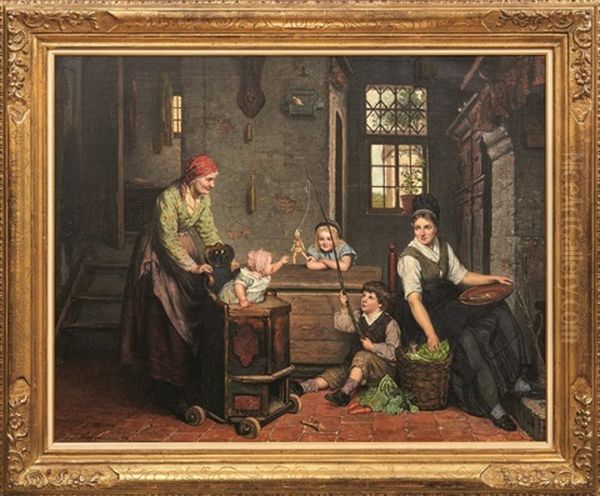 Genreszene Mit Spielenden Kindern Und Mutter Bei Der Arbeit Oil Painting by Jean Arnould Heyermans