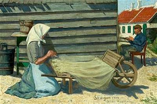 En Fisker Og En Kvinde Rogter Garn I Solen Oil Painting by Hilda Frederika Heyman