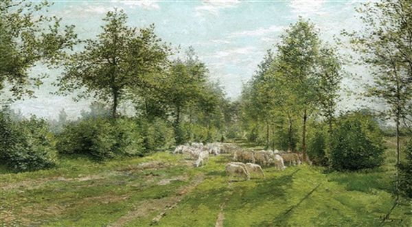 A Shepherd With His Flock In A Sunny Lane Oil Painting by Adriaan Josef Heymans
