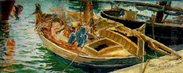 Pescador En Su Barca Preparando Las Redes Oil Painting by Rafael Hidalgo De Caviedes
