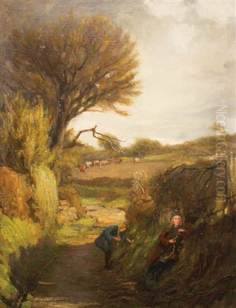 Two Girls Picking Wild Flowers In A Lane Oil Painting by Ernest Higgins Rigg