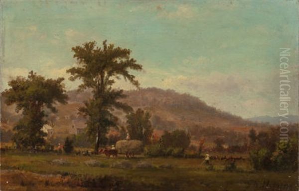 Haying In A New England Landscape, Circa 1870 Oil Painting by George Frank Higgins