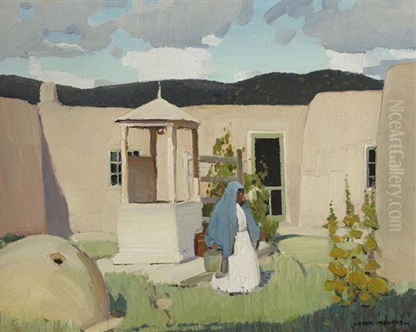 Woman Gathering Water In The Placita Oil Painting by Victor, William Higgins