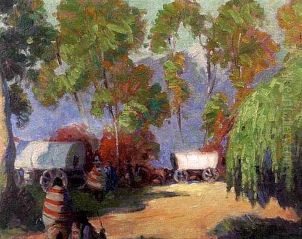 Native American Figures And Covered Wagon Among The Trees Oil Painting by Victor, William Higgins
