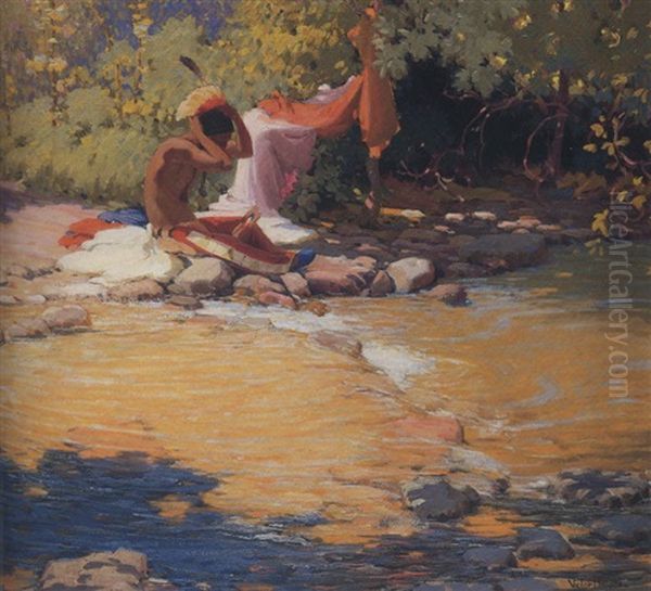 At The River's Edge Oil Painting by Victor, William Higgins