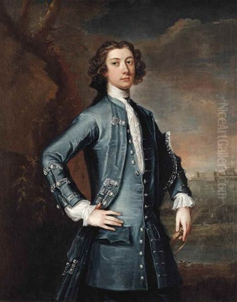 Portrait Of George Montagu-dunk, 2nd Earl Of Halifax (1716-1771), Three-quarter-length, In A Blue Waistcoat And Coat, His Tricorn Under His Left Arm, With Windsor Castle In The Background Oil Painting by Joseph Highmore