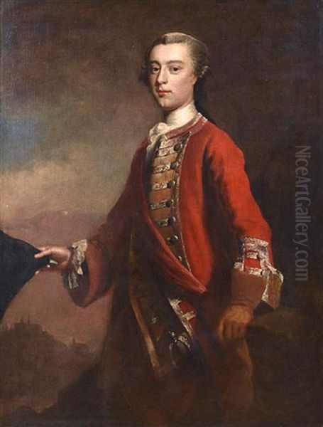 Portrait Of General James Wolfe Standing In A Landscape, The Plains Of Abraham At Quebec Behind Him Oil Painting by Joseph Highmore