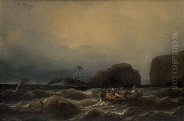 Ship In Danger Oil Painting by Eduard Hildebrandt