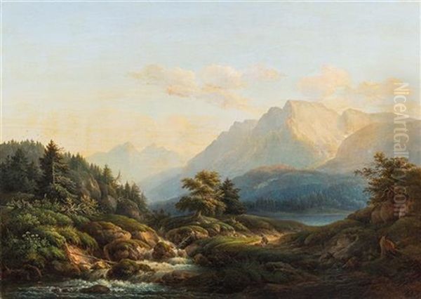 Untitled (mountain Scene With Lake) Oil Painting by Eduard Hildebrandt