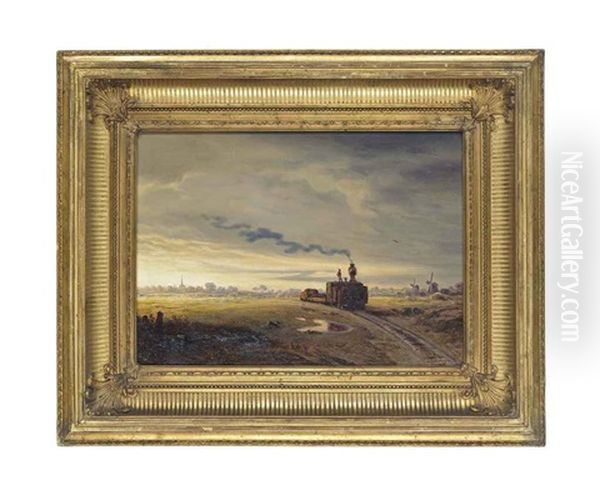 A Goods Train, Windmills Beyond Oil Painting by Eduard Hildebrandt