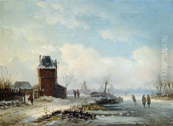 Winterliche Kanallandschaft Mit Blick Auf Eine Hollandische Stadt Oil Painting by Eduard Hildebrandt