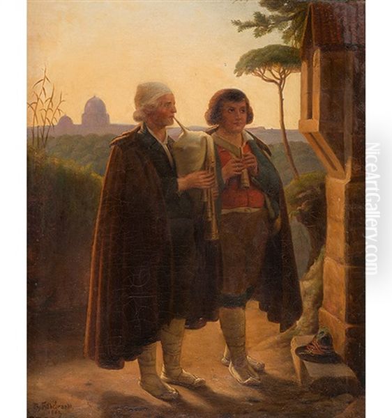 Zwei Musizierende Wanderer Am Wegkreuz, 1861 Oil Painting by Ferdinand Theodor Hildebrandt