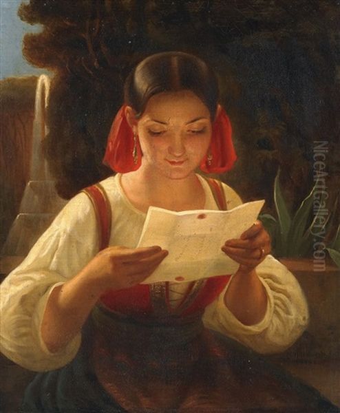 Brieflesende Italienerin Oil Painting by Ferdinand Theodor Hildebrandt