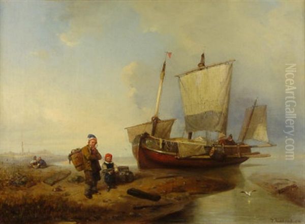 An Der Ostseekuste. Fischersleute Bei Vor Anker Liegendem Plattbodenschiff Oil Painting by Friedrich Fritz Hildebrandt