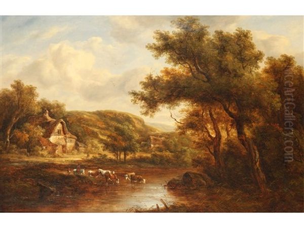 Cattle Watering Beside A Cottage In A Wooded Landscape Oil Painting by Richard H. Hilder