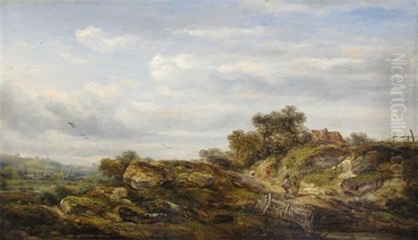 Figures On A Path By A Cottage Oil Painting by Richard H. Hilder