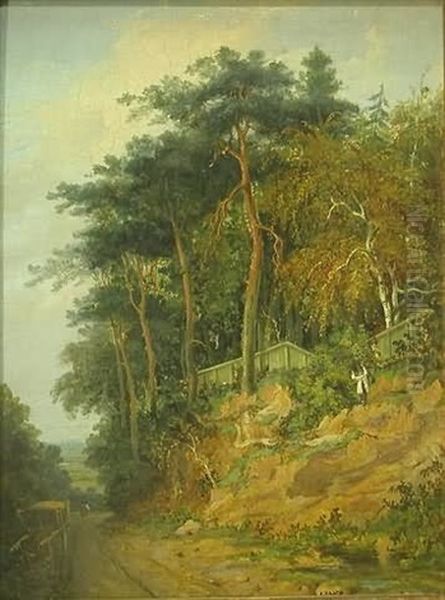 Landscape With Hay Cart On Track, Figures In Distance And On Wooded Hillside Oil Painting by Richard H. Hilder