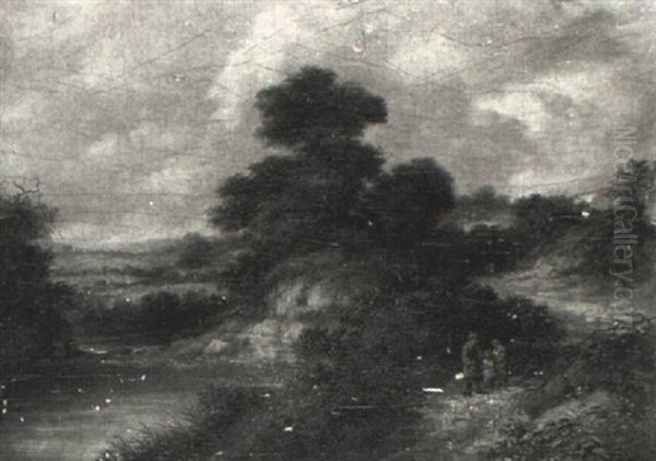 Wooded Landscape With Figures Near A River Oil Painting by Richard H. Hilder