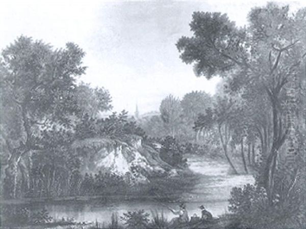 A Wooded River Landscape With An Angler And Dog On A Bank Oil Painting by Richard H. Hilder