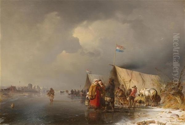 Figures By A Frozen Lake Before A Town Oil Painting by Carl Hilgers