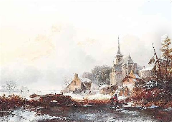 Hollandische Winterlandschaft Zugefrorener Flus Am Rande Eines Kirchdorfes Oil Painting by Carl Hilgers
