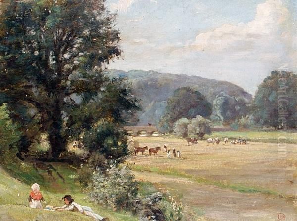 Children On A Grassy Bank, Harvesting Beyond Oil Painting by Edgar Barclay