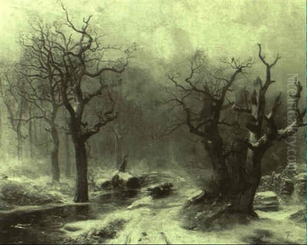 Reisigsammler In Verschneitem Winterwald Oil Painting by Carl Hilgers
