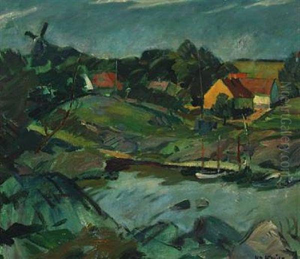 A Small Port At Bornholm With Mill In The Rear Oil Painting by Knud Ove Hilkier
