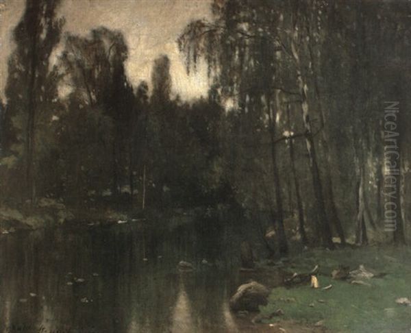 A Wooded River Scene Oil Painting by Carl Fredrik Hill