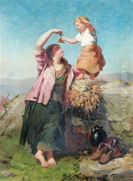 Moder Och Barn Oil Painting by James John Hill