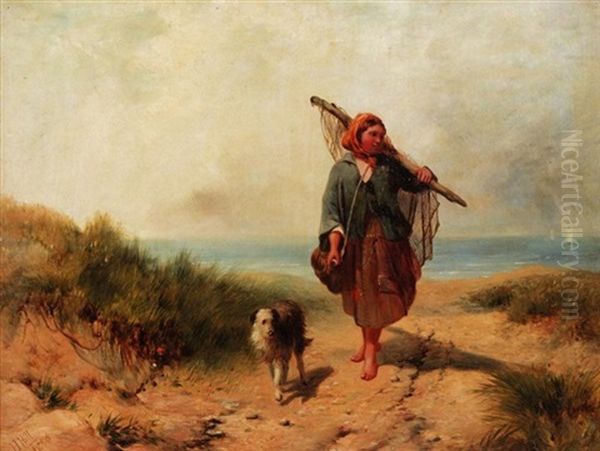The Shrimping Girl And Her Dog Oil Painting by James John Hill