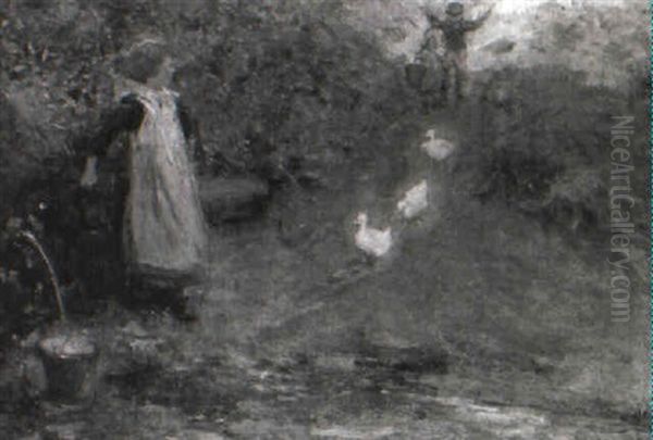 Driving The Ducks Oil Painting by Rowland Henry Hill