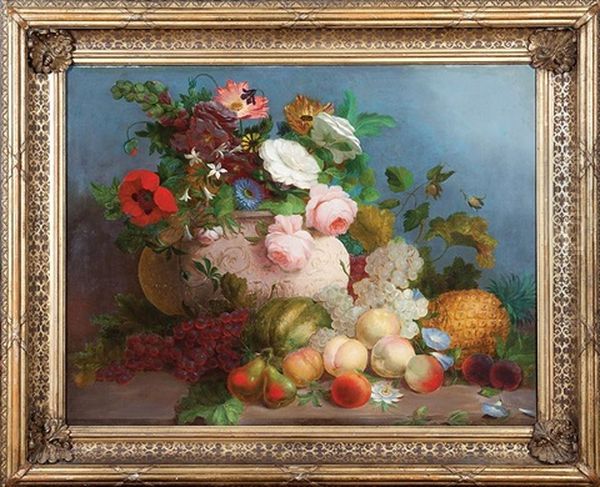 Still Life With Peonies, Poppies, Peaches, Grapes, Pears And Pineapple Oil Painting by Thomas Hill