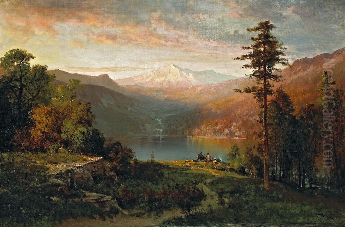 Indian By A Lake In A Majestic California Landscape Oil Painting by Thomas Hill