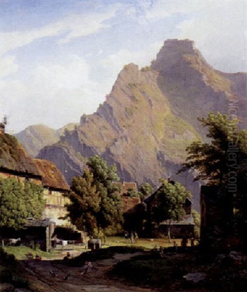 Alpelandskab Med Bjergtinder Og Landsbyliv Oil Painting by Frederic Desire Hillemacher