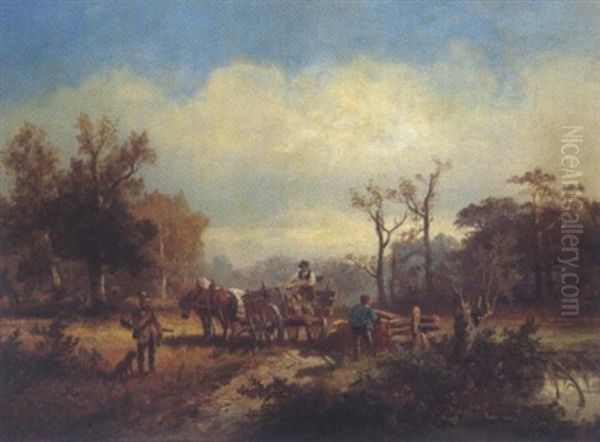 Holzarbeiter Und Jager Im Wald Oil Painting by Heinrich Hiller