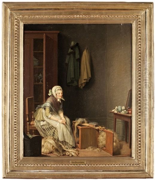 En Piga Haklar Lin, Skadat Sitt Finger Pa Haklan Oil Painting by Pehr Hillestroem