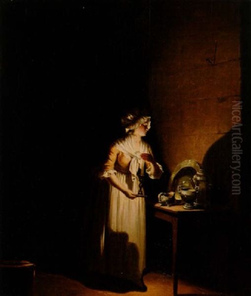 Ett Fruentimmer Som Med Ljus Star I Sitt Skafferi Och Soker Nagot Oil Painting by Pehr Hillestroem